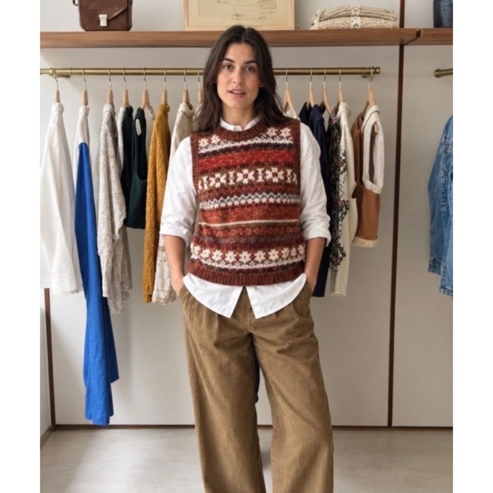 Sezane x Lucia Vergara Becky Jumper Brown Fair Isle Knit Sweater Vest Small
